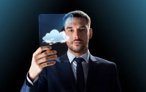 Businessman working with transparent tablet pc — Stock Photo, Image