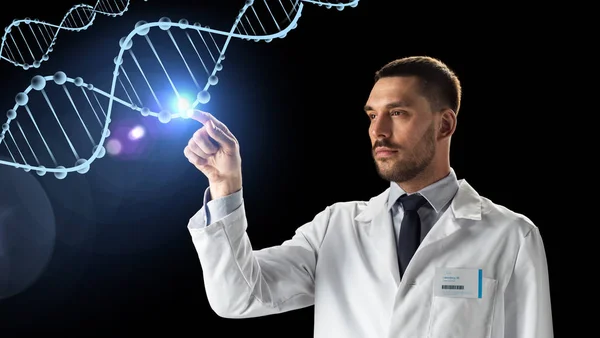 Doctor or scientist in white coat with dna — Stock Photo, Image