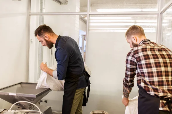 Män med malt väskor och kvarn på craft beer bryggeri — Stockfoto