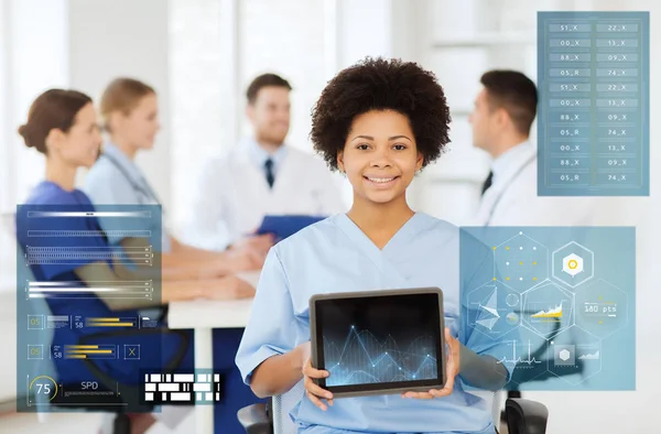 Happy doctor with chart on tablet pc at hospital — Stock Photo, Image