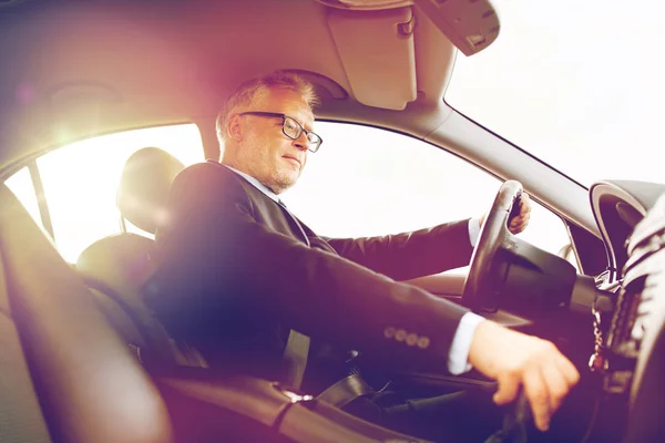 Feliz hombre de negocios senior coche de conducción — Foto de Stock