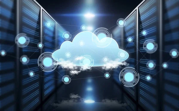 Virtual cloud hologram over futuristic server room — Stock Photo, Image