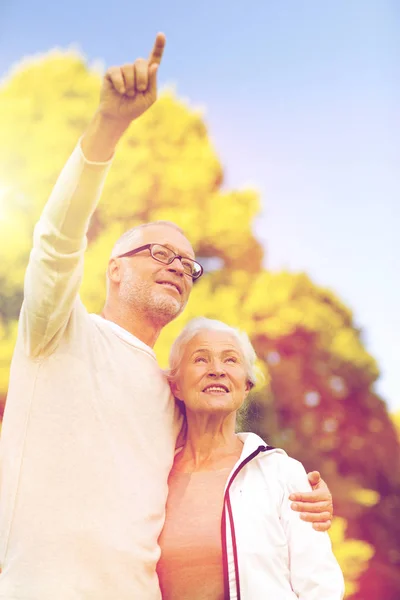 Senior koppel knuffelen in park — Stockfoto