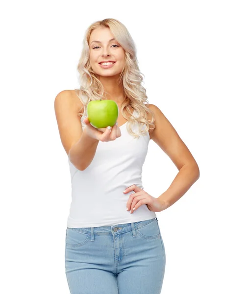 Happy beautiful young woman with green apple — Stock Photo, Image