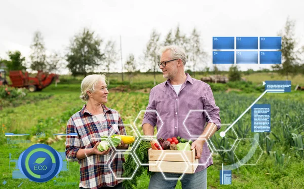 Seniorenpaar mit Gemüsekiste auf Bauernhof — Stockfoto
