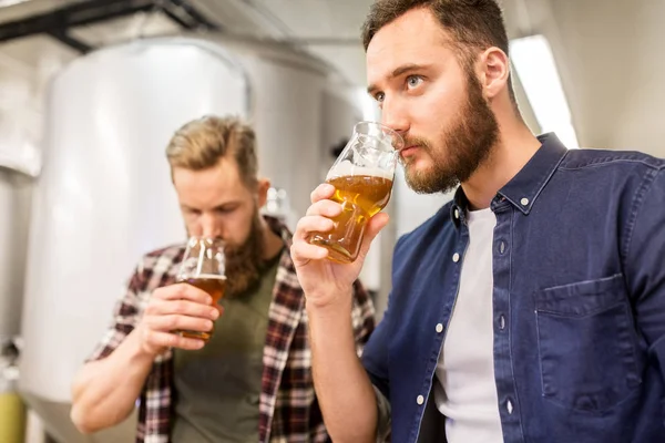 Чоловіки п'ють і тестують крафтове пиво на пивоварні — стокове фото