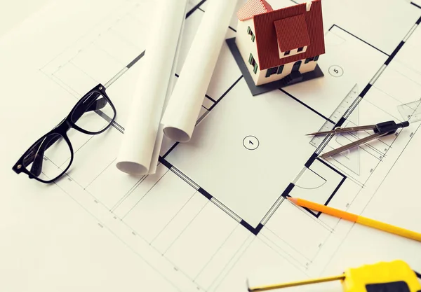 Close up of architectural blueprint and tools — Stock Photo, Image