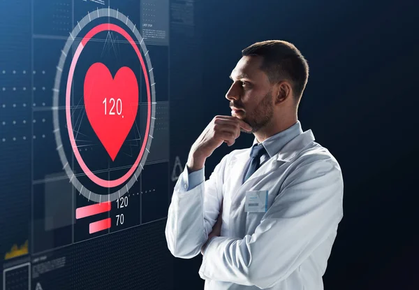 Doctor or scientist in white coat with heart rate — Stock Photo, Image