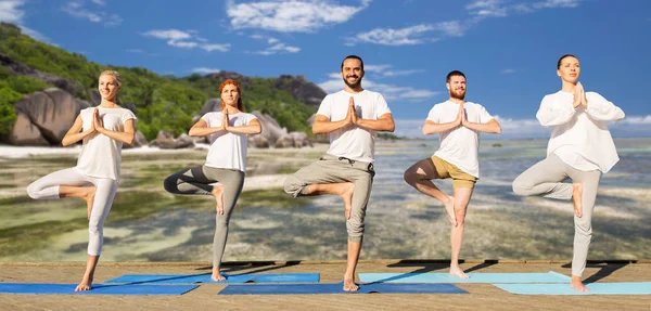 Mensen die yoga in boom pose op matten buiten — Stockfoto