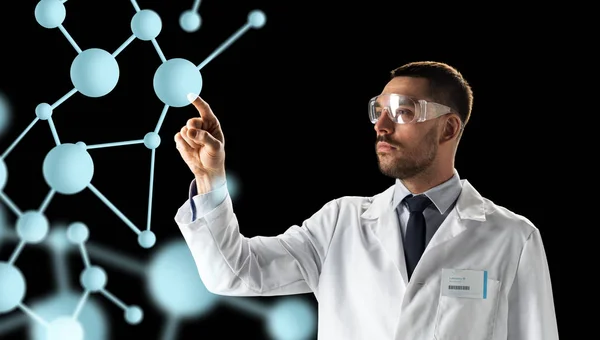 Scienziato in maschera con proiezione molecolare — Foto Stock