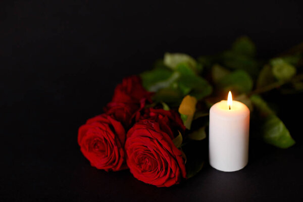 Roses rouges et bougie allumée sur fond noir — Photo