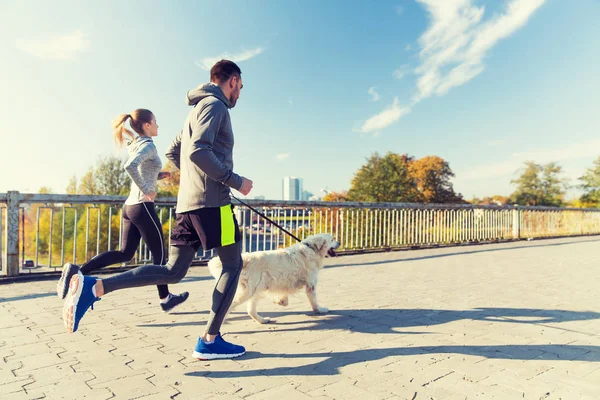 happy couple with dog running outdoors