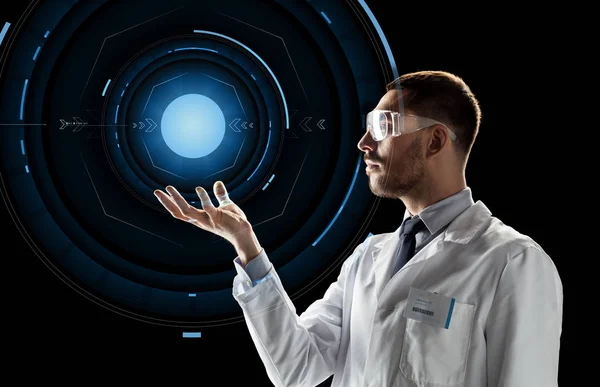 Vědci v laboratoři brýle s virtuální projekce — Stock fotografie