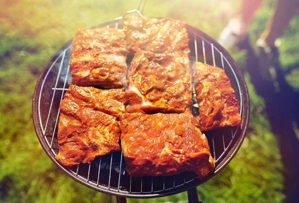 여름 파티에 바베 큐 그릴에 요리 하는 고기 — 스톡 사진