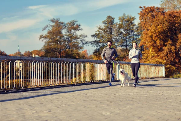 Счастливая пара с собакой, бегущей на улице — стоковое фото