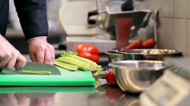 Handen van mannelijke chef-kok koken hakken selderij in keuken — Stockvideo