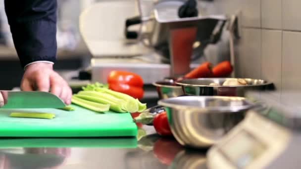 Ruce muže kuchaře vařit sekání celer v kuchyni — Stock video