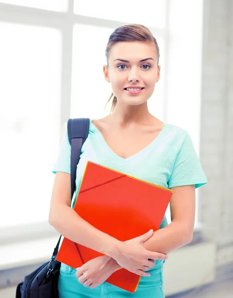 Studente ragazza con borsa della scuola e cartelle di colore — Foto Stock