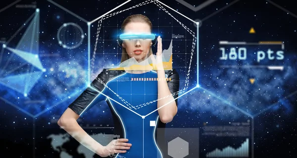Mulher em realidade virtual óculos 3d com gráficos — Fotografia de Stock
