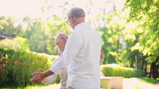 Heureux couple âgé dansant au parc de la ville d'été — Video