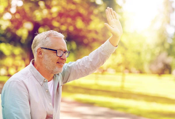 Счастливый пожилой человек жмет руку в летнем парке — стоковое фото