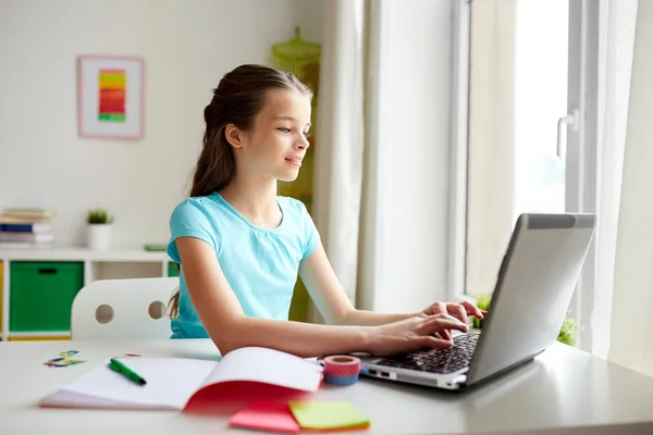 Chica feliz escribiendo en el ordenador portátil en casa — Foto de Stock