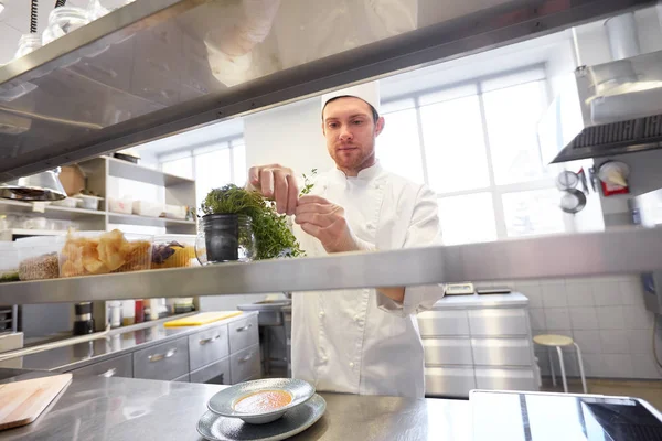 Glücklicher männlicher Koch kocht in Restaurantküche — Stockfoto