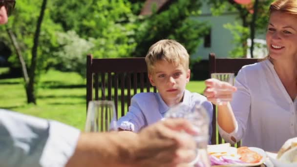 Família feliz ter jantar ou festa no jardim de verão — Vídeo de Stock