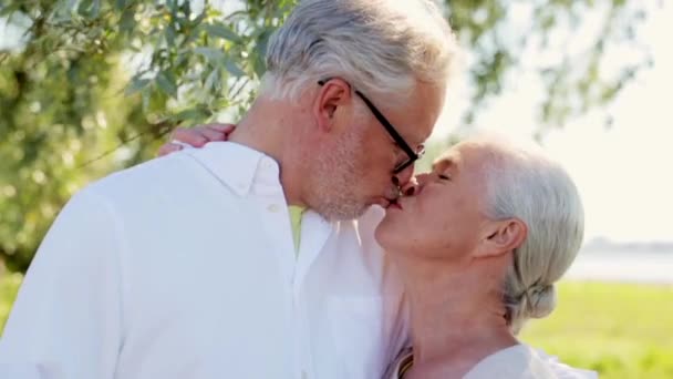 Feliz pareja mayor besándose en el parque de verano — Vídeos de Stock