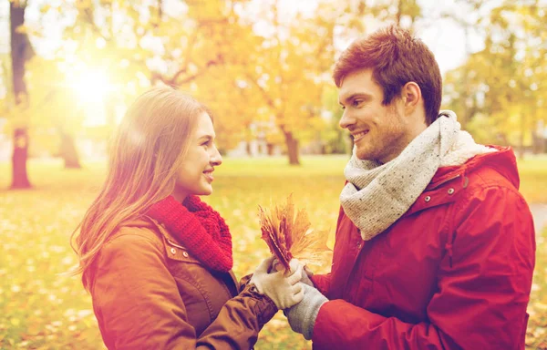 Счастливая пара с кленовыми листьями в осеннем парке — стоковое фото