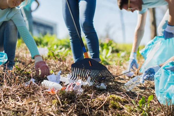 Voluntarios con bolsas de basura limpieza área del parque — Foto de Stock