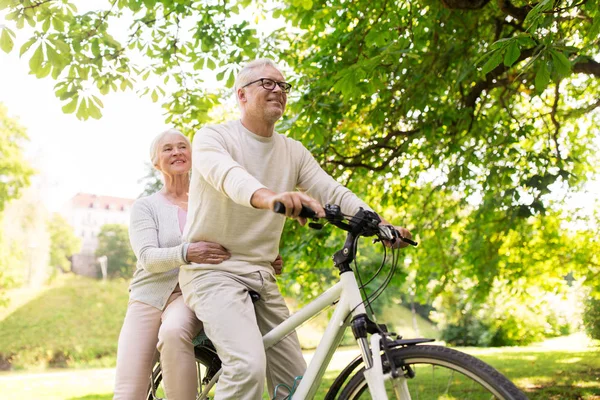 Feliz casal sênior andando de bicicleta no parque — Fotografia de Stock