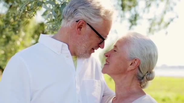 Счастливая пожилая пара целуется в летнем парке — стоковое видео