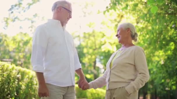 Gelukkige senior paar wandelen in zomer city park — Stockvideo