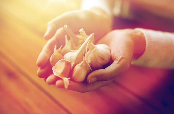Tangan wanita memegang bawang putih — Stok Foto