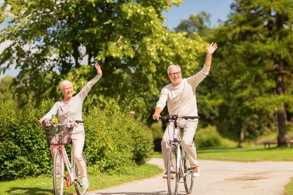 Felice coppia di anziani in bicicletta al parco — Foto Stock