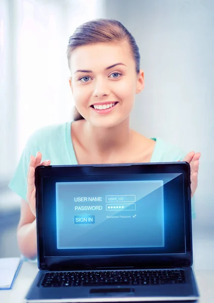 Woman with laptop computer and virtual screen — Stock Photo, Image