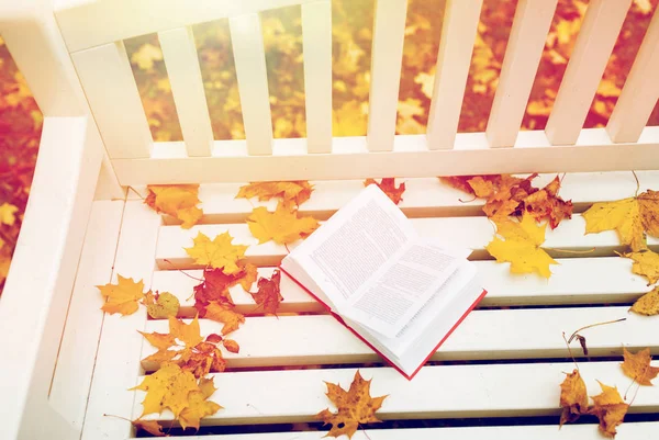 Aufgeschlagenes Buch auf Bank im Herbstpark — Stockfoto