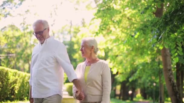 Счастливая пожилая пара гуляет в летнем городском парке — стоковое видео