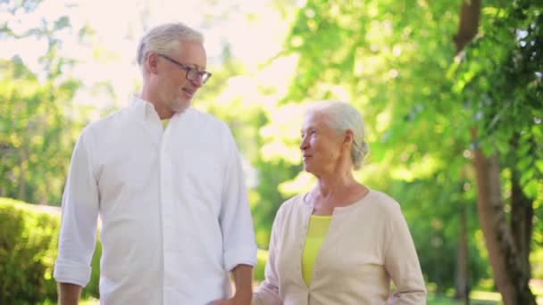 Счастливая пожилая пара гуляет в летнем городском парке — стоковое видео