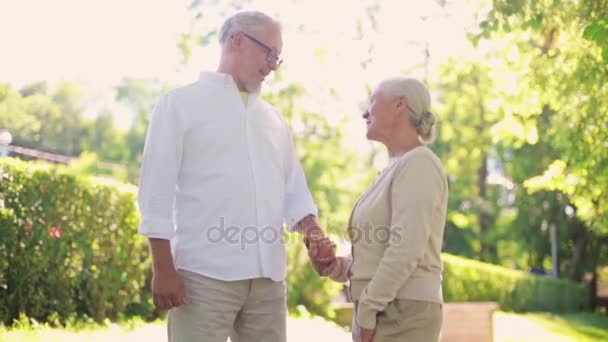 Feliz pareja de ancianos caminando en el parque de la ciudad de verano — Vídeos de Stock