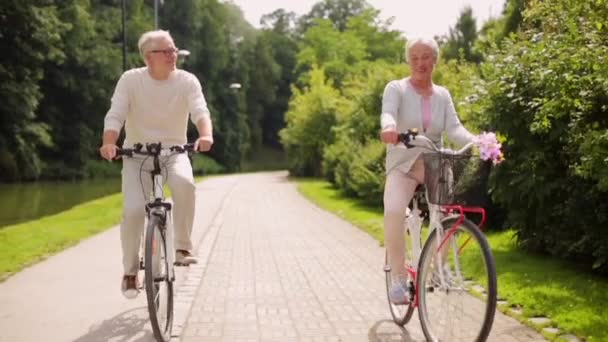 Щаслива старша пара катається на велосипедах в літньому парку — стокове відео