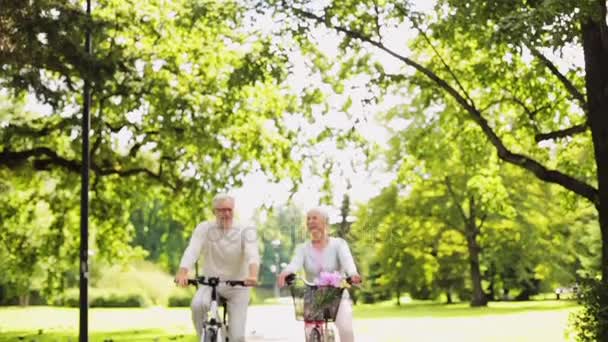 Šťastný starší pár na koni na kolech v letním parku — Stock video