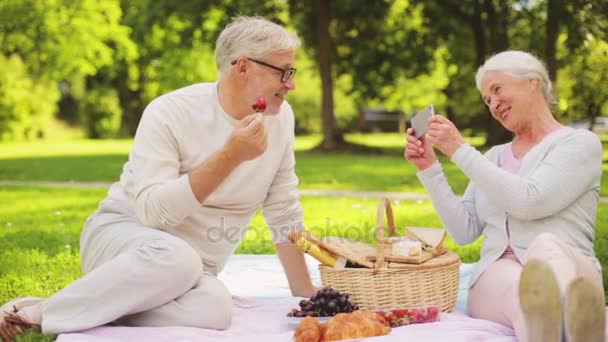 Äldre par fotografering på picknick i parken — Stockvideo