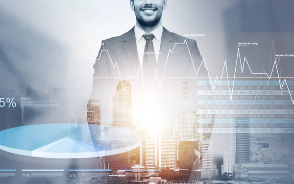 Close up of happy businessman over city background — Stock Photo, Image