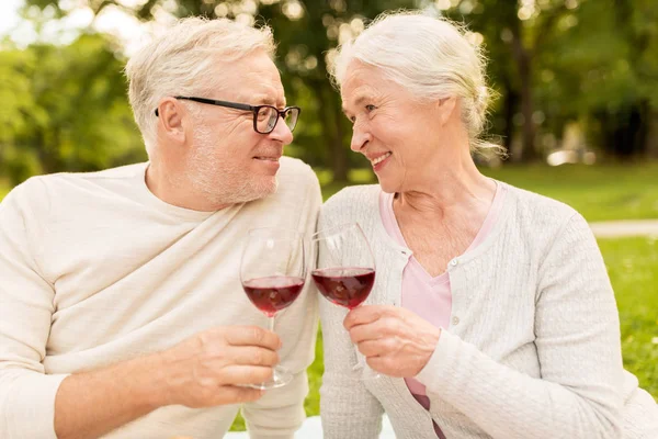 Happy senior couple drinking wine at summer park — Stock Photo, Image