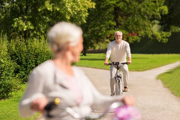 Boldog nyugdíjas pár kerékpározik a nyári parkban — Stock Fotó