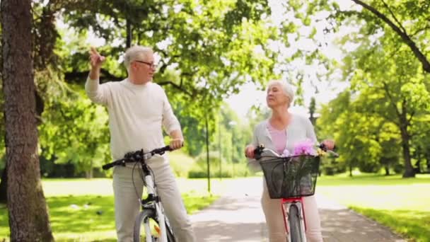 Feliz pareja mayor montando bicicletas en el parque de verano — Vídeos de Stock