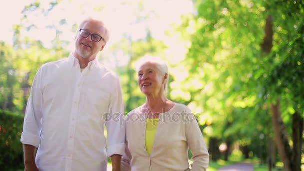 Šťastný pár vyšších chůze v létě městský park — Stock video