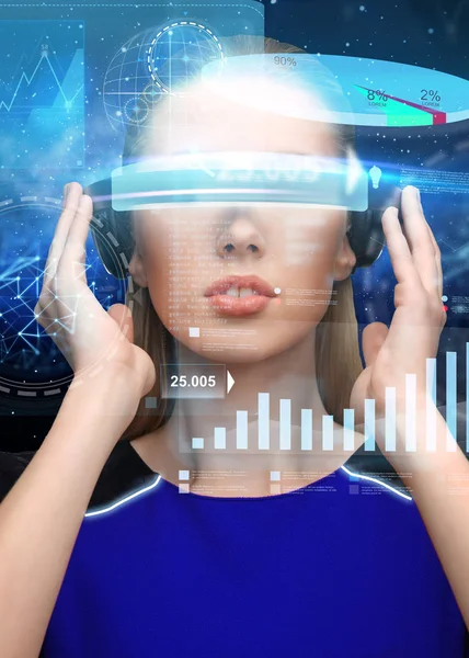 Žena v virtuální realita 3d brýle s grafy — Stock fotografie